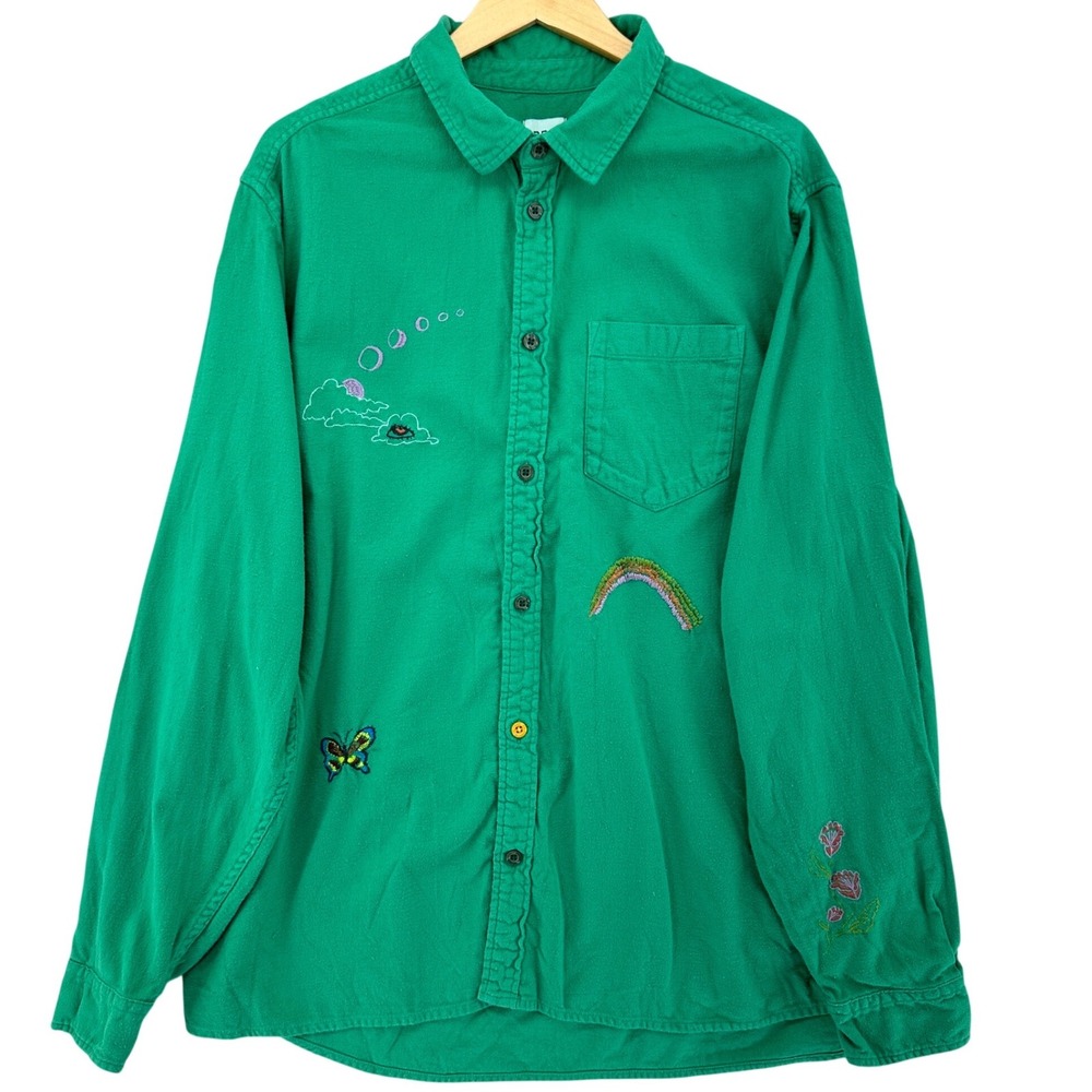 BDG Embroidered Long Sleeve Button Down Shirt Green Art Kidcore Mens XL Baggy